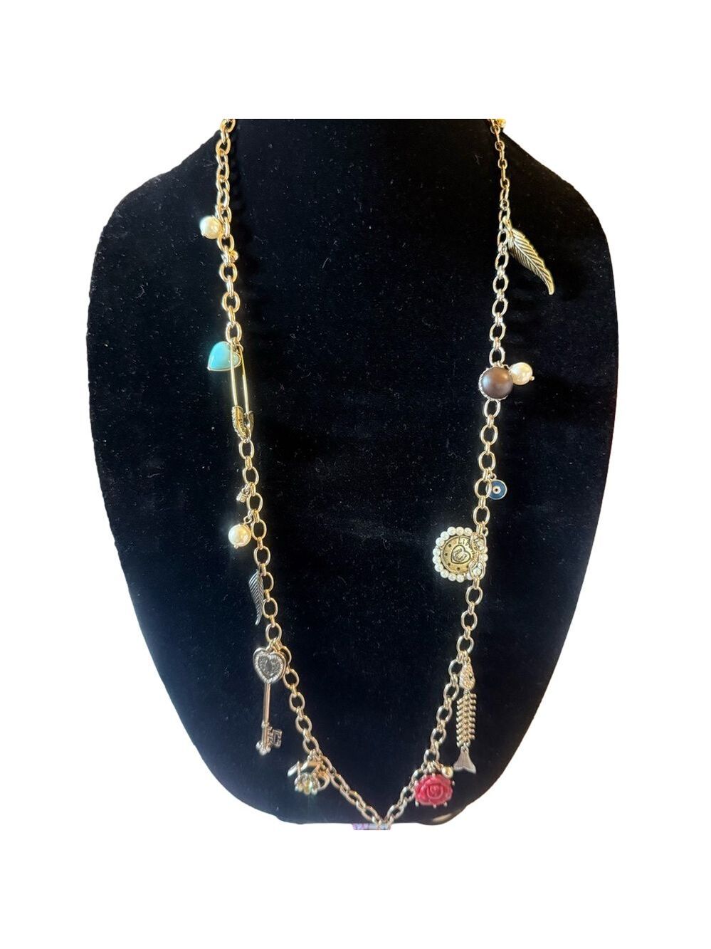 Betsey Johnson Long Chain Gold Necklace with Colorful Charms